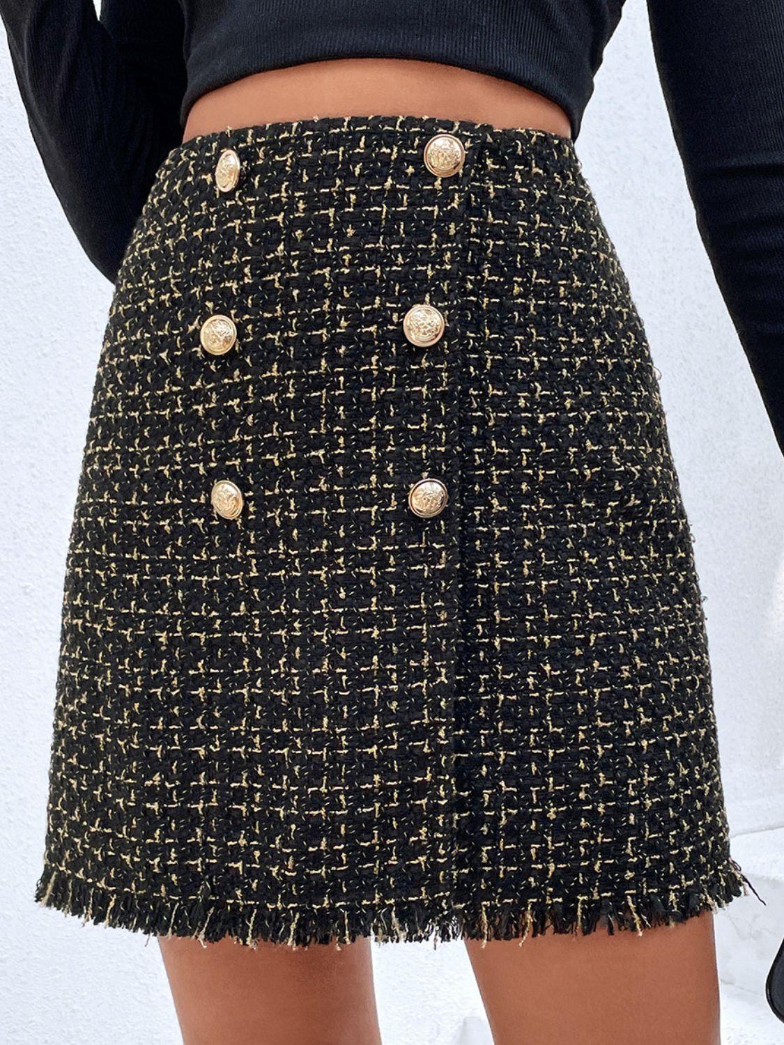 Plaid Double-Breasted Fringe Hem Skirt - Lecatta