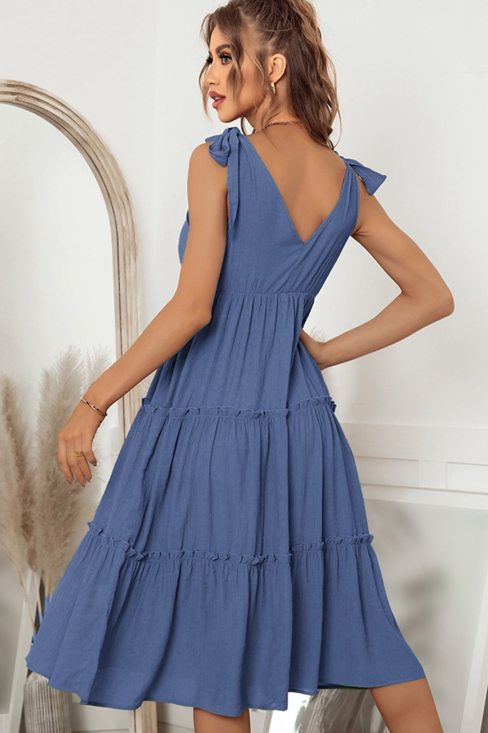 Tie Shoulder V-Neck Tiered Dress - Lecatta