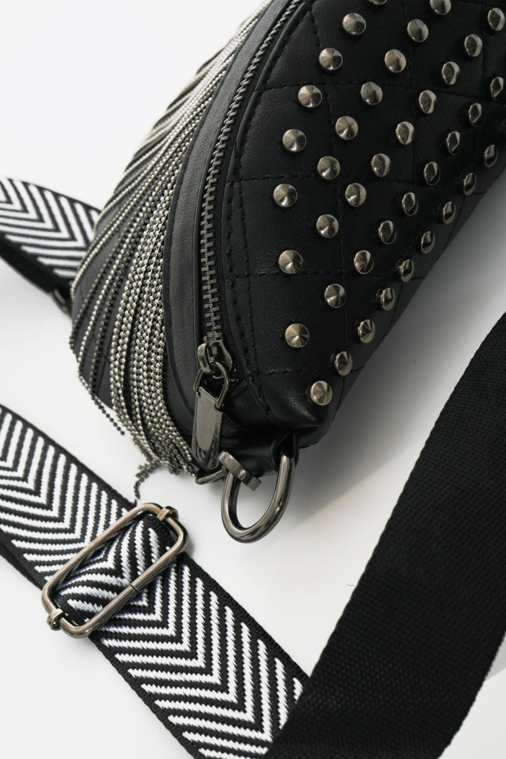 Faux Leather Studded Sling Bag with Fringes - Lecatta