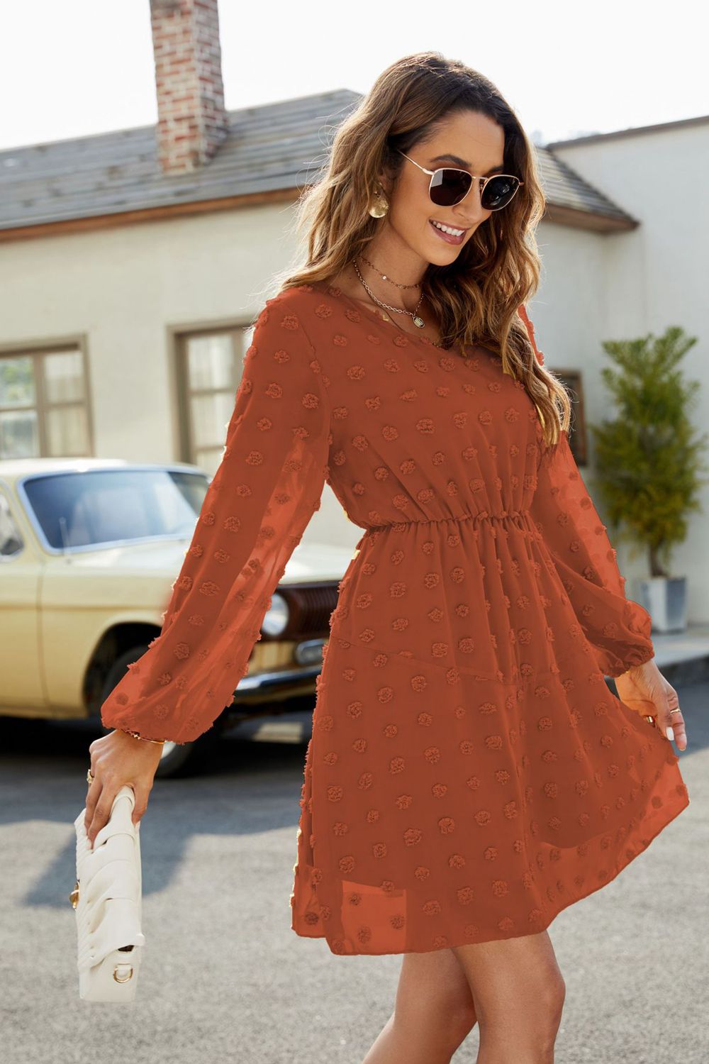 Swiss Dot V-Neck Lantern Sleeve Mini Dress - Lecatta
