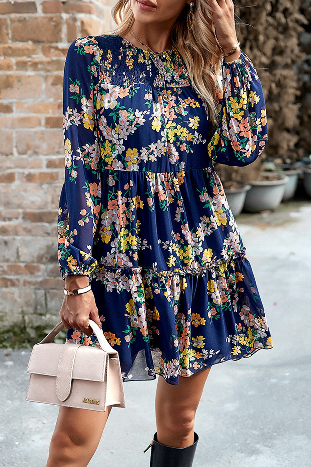 Smocked Floral Print Long Sleeve Mini Dress - Lecatta