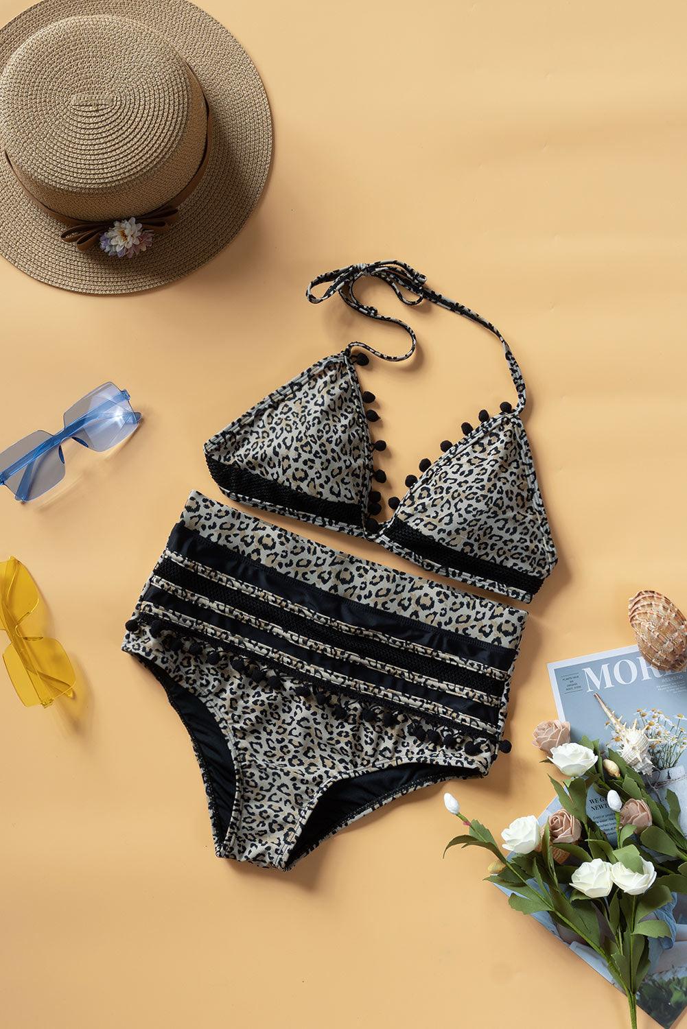 Printed Pompom Detail Halter Neck Two-Piece Bikini Set - Lecatta