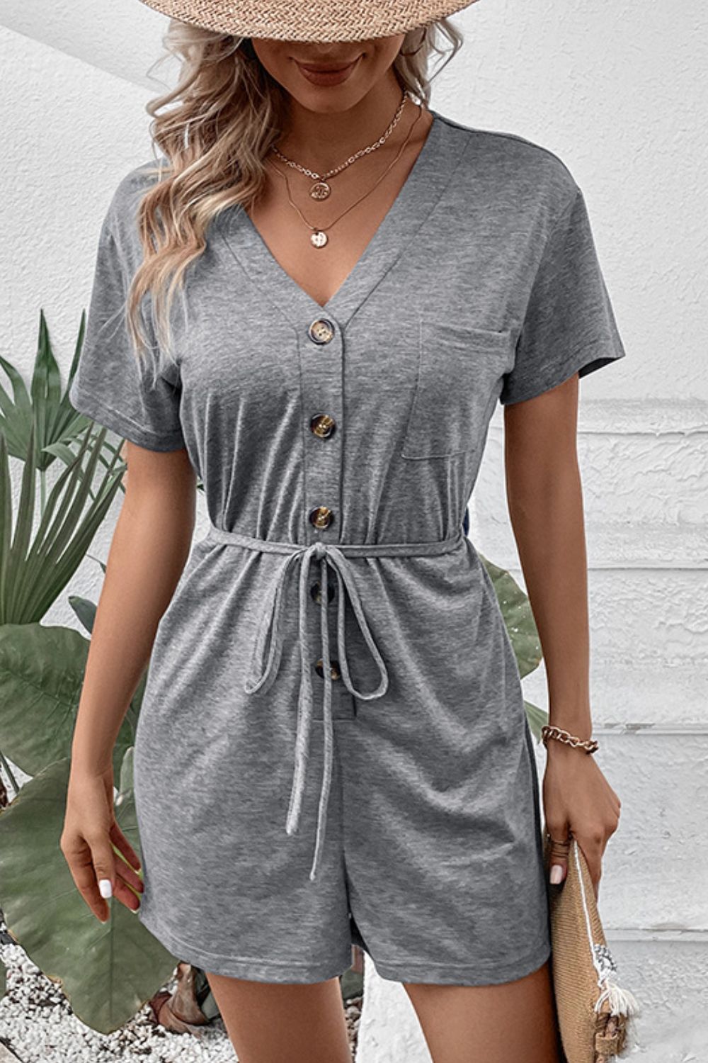 V-Neck Short Sleeve Tied Romper - Lecatta