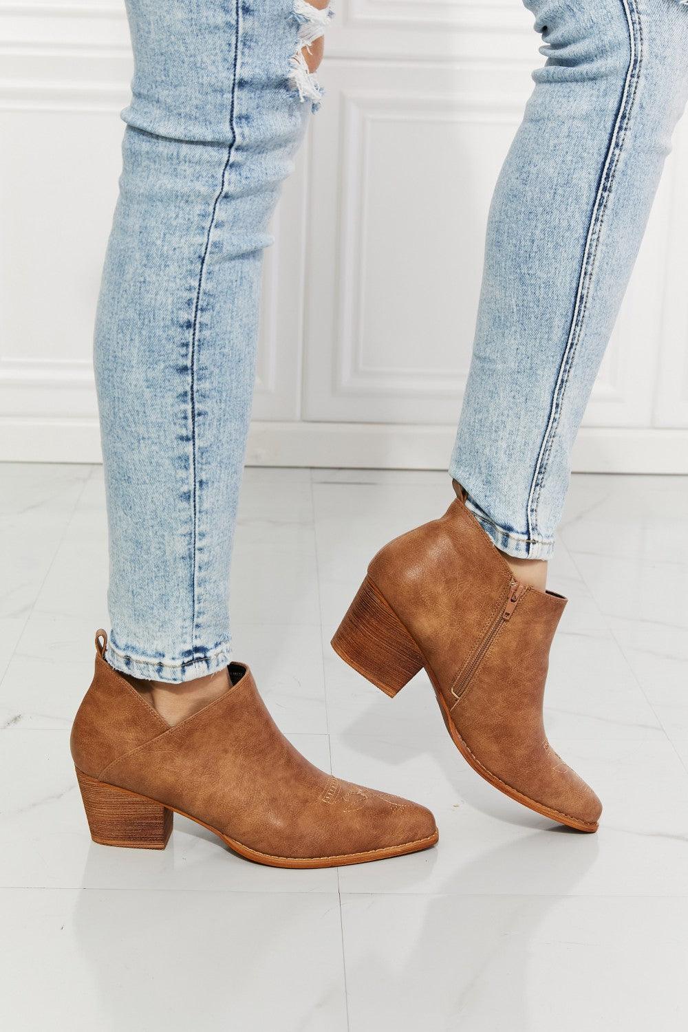 MMShoes Trust Yourself Embroidered Crossover Cowboy Bootie in Caramel - Lecatta