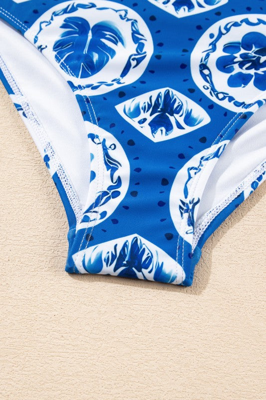 Floral Tile Ricrac Wide Straps One Piece Swimsuit