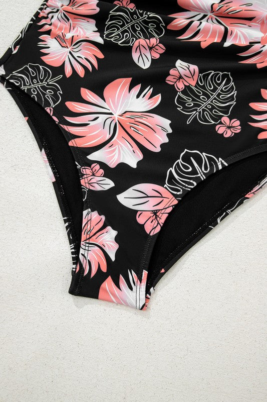 Floral Solid Square Neck Ruched One-Piece Swimsuit