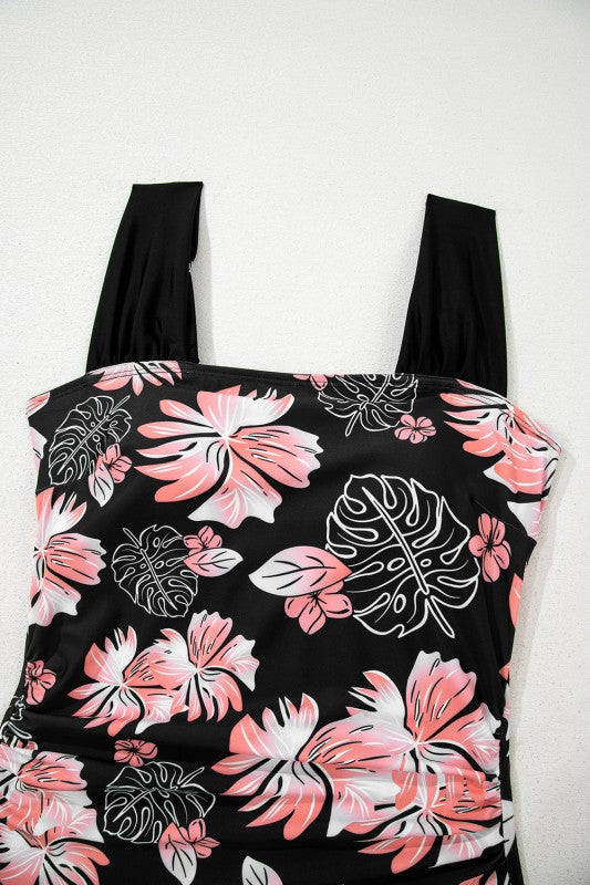 Floral Solid Square Neck Ruched One-Piece Swimsuit