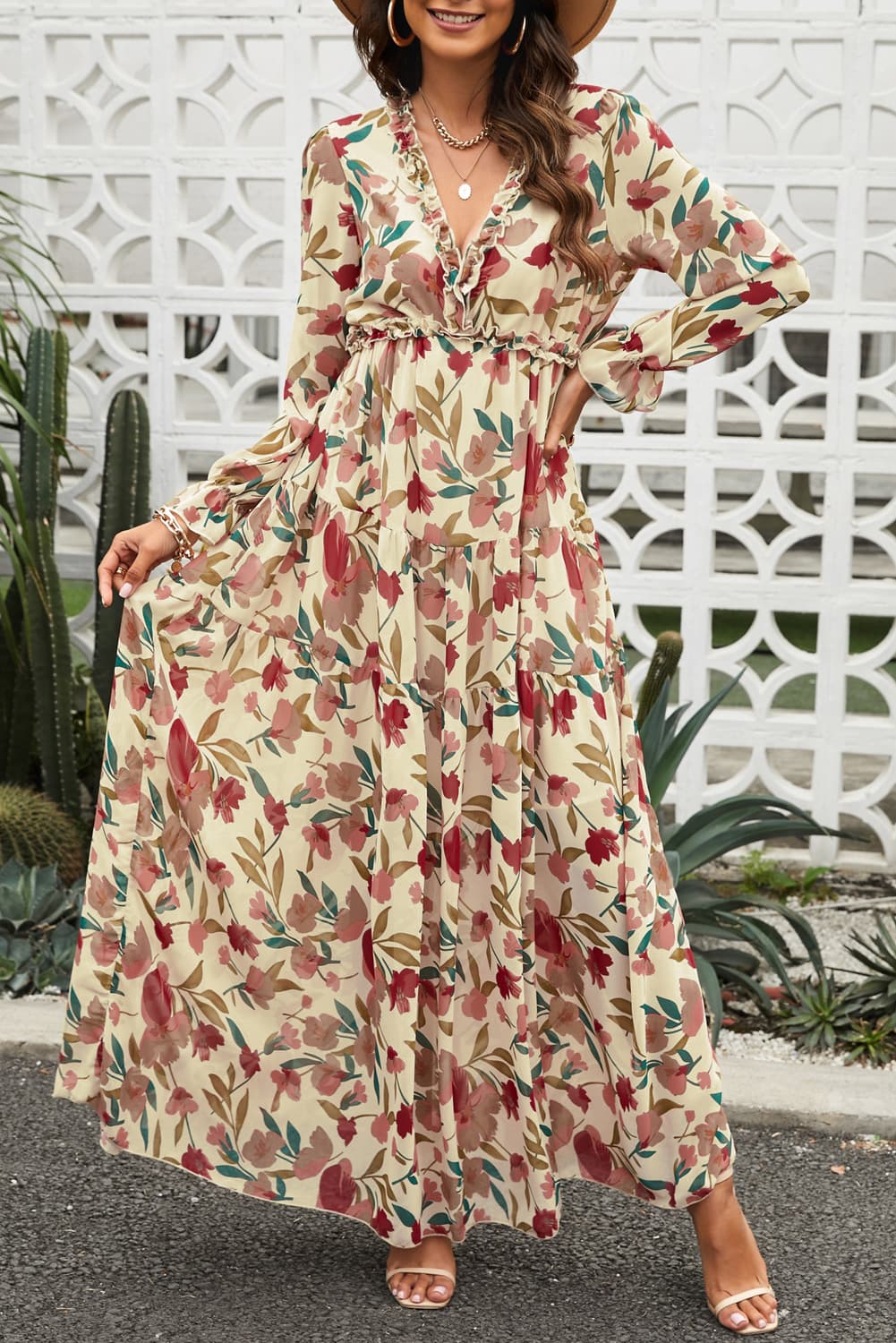 Floral Frill Trim Flounce Sleeve Plunge Maxi Dress - Lecatta