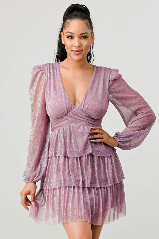 Lux Fantasy Glitter Mini Dress - Deep V-Neck & Tiered Ruffle Skirt