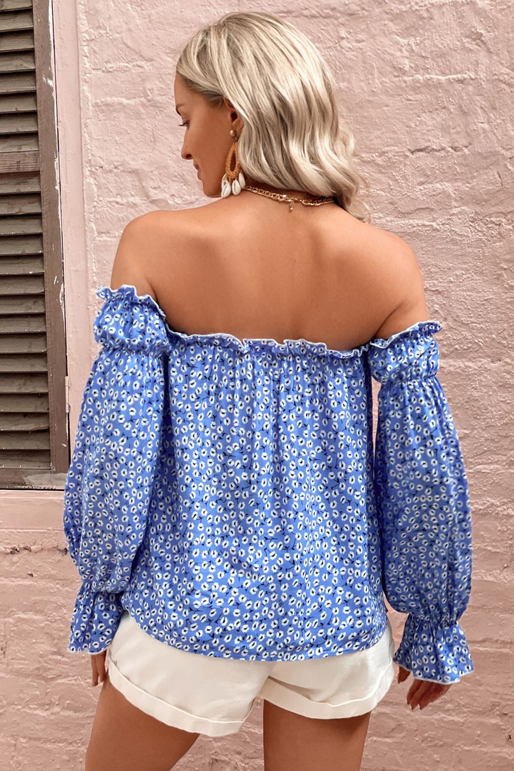 Off Shoulder Printed Frill Trim Blouse - Lecatta