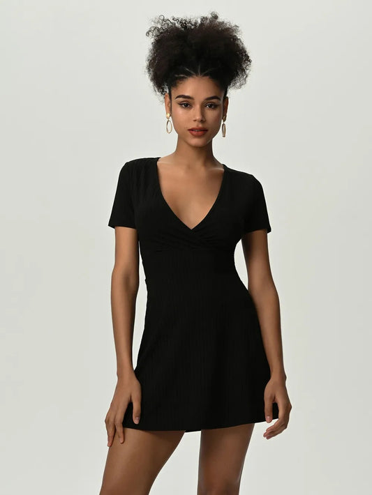 Deep V Short Sleeve Mini Dress - Lecatta