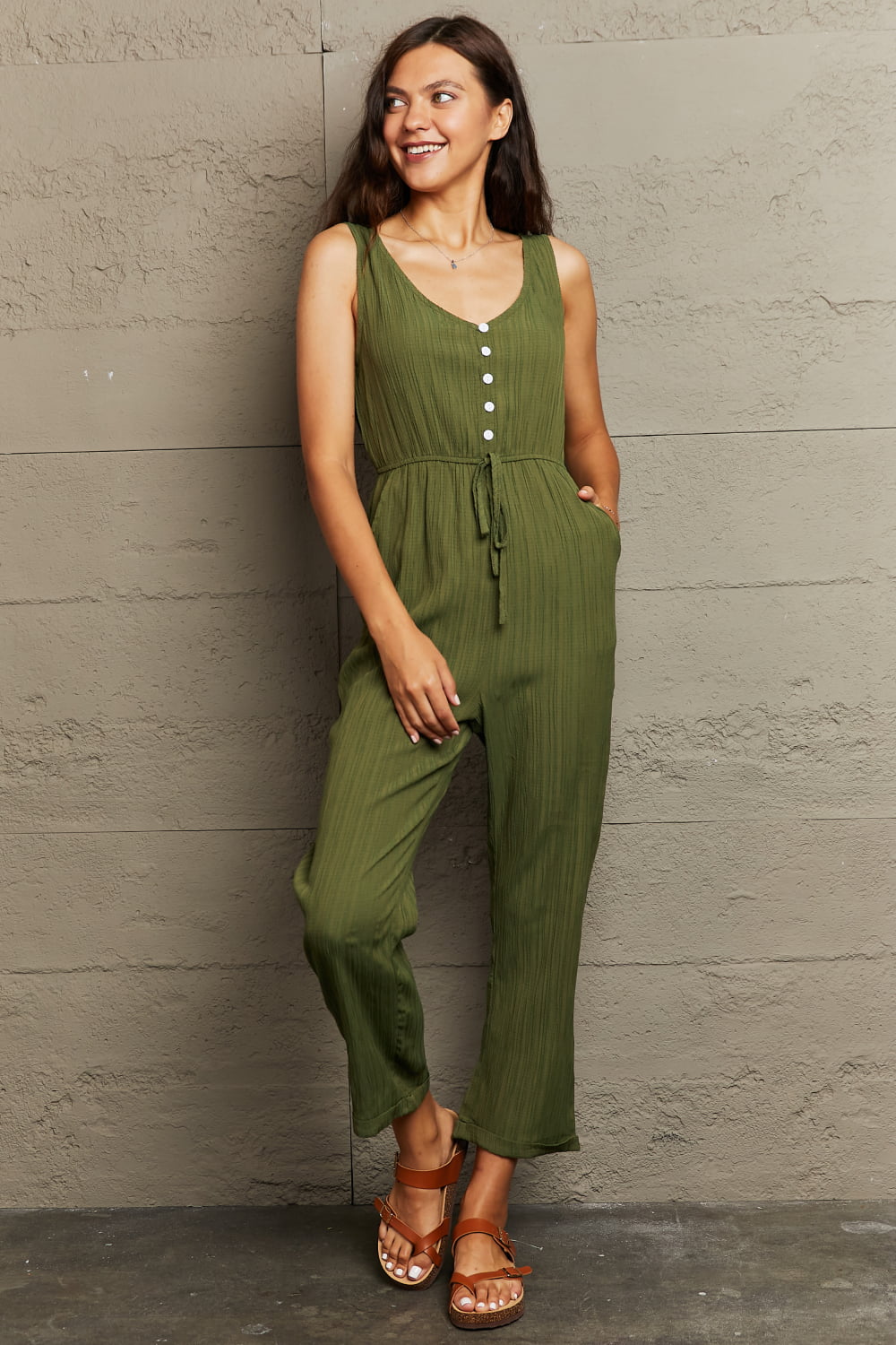 Tied Sleeveless Jumpsuit with Pockets - Lecatta