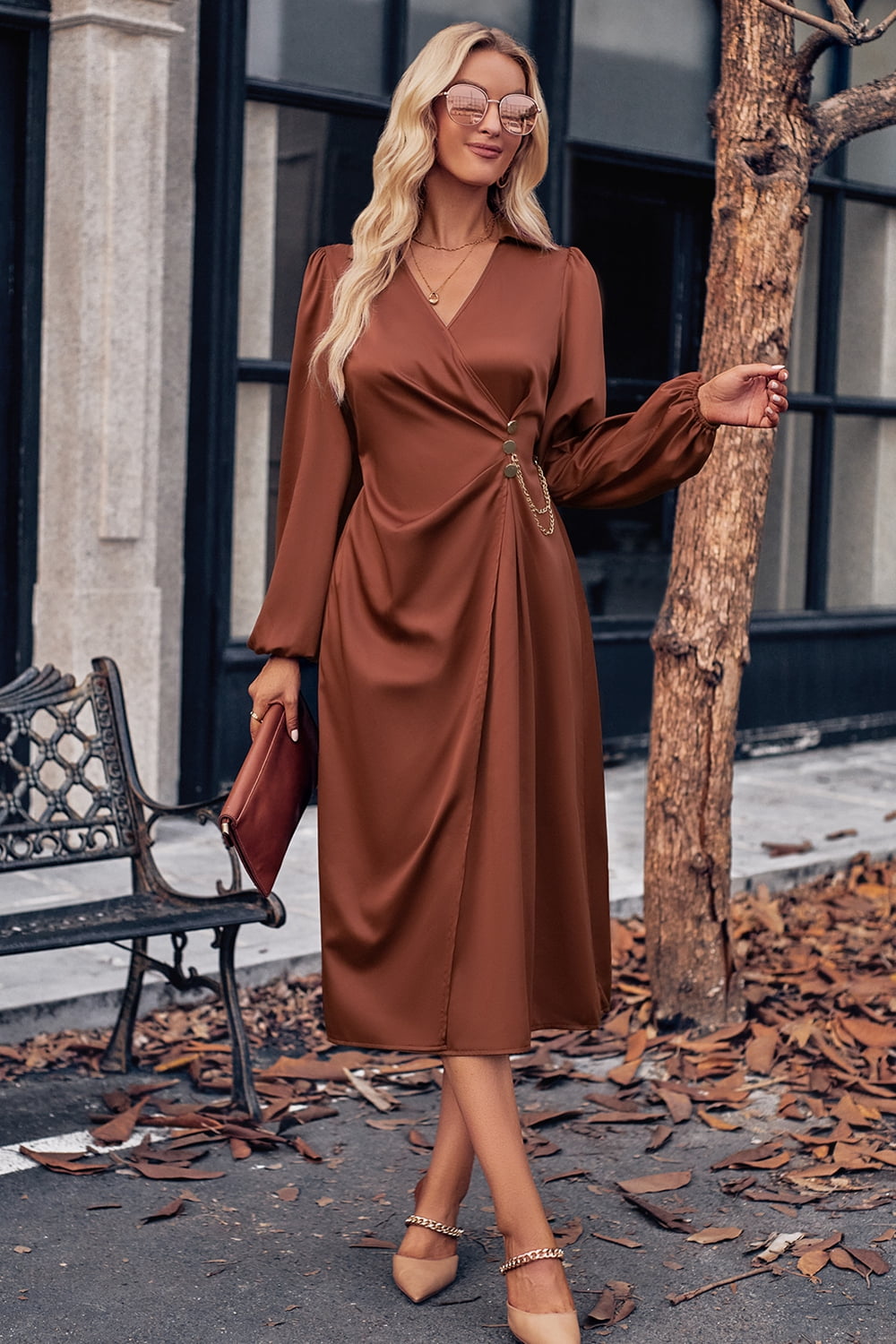 Surplice Neck Puff Sleeve Midi Dress - Lecatta