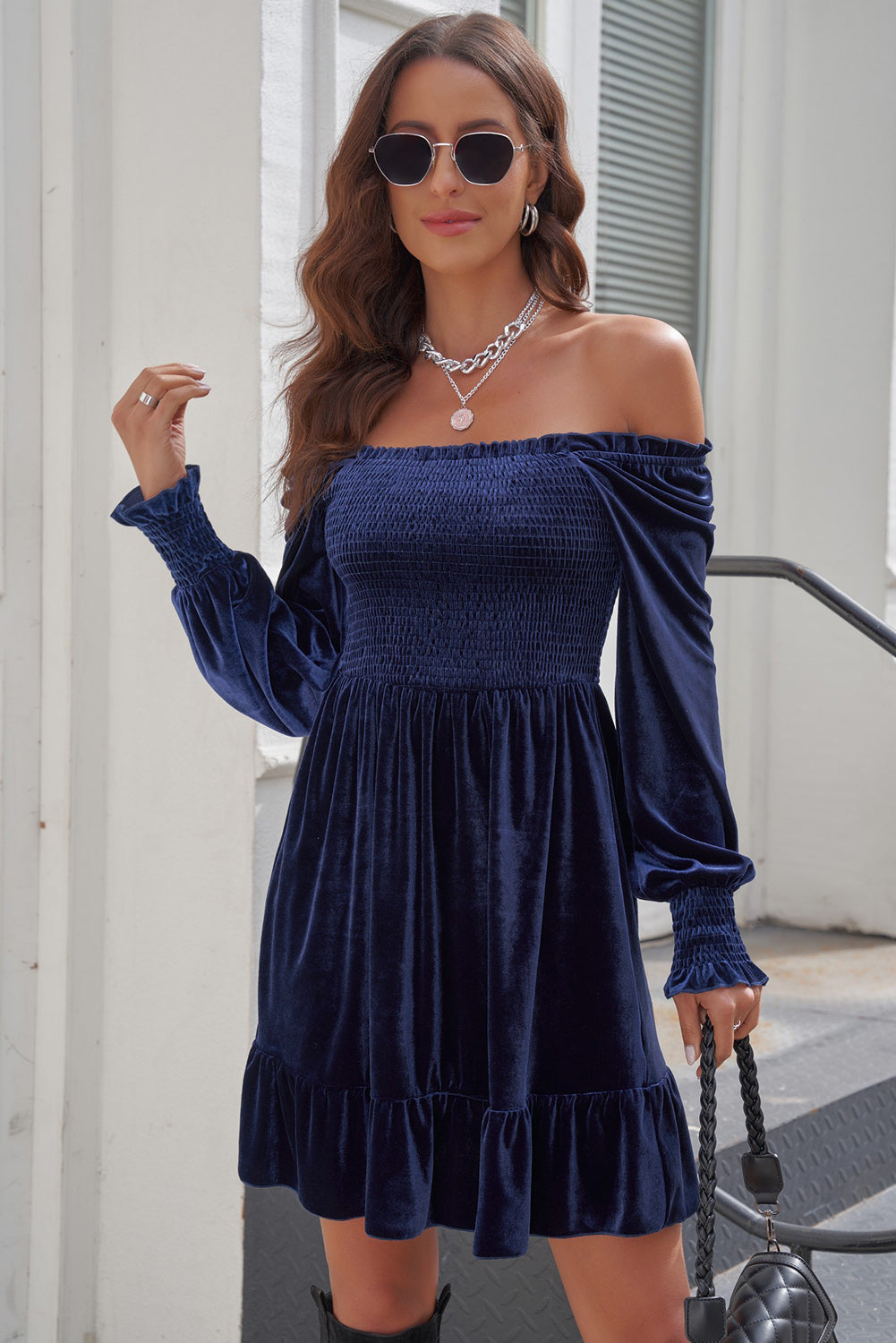 Off-Shoulder Smocked Ruffle Hem Dress - Lecatta