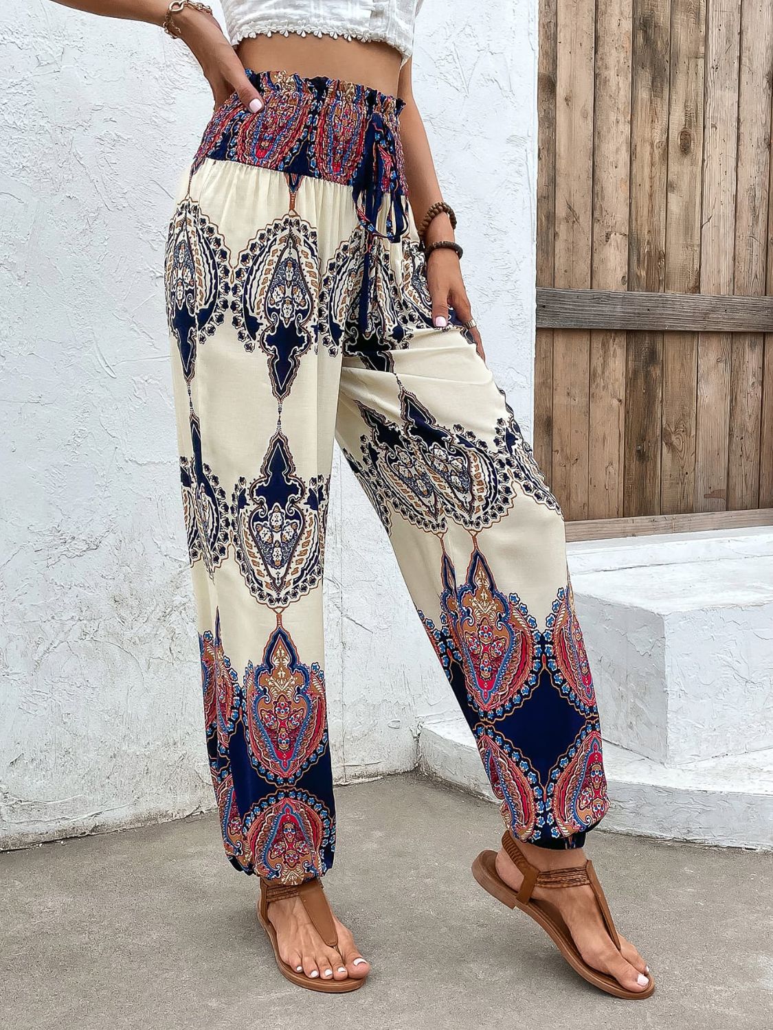 Printed Smocked High Waist Pants - Lecatta