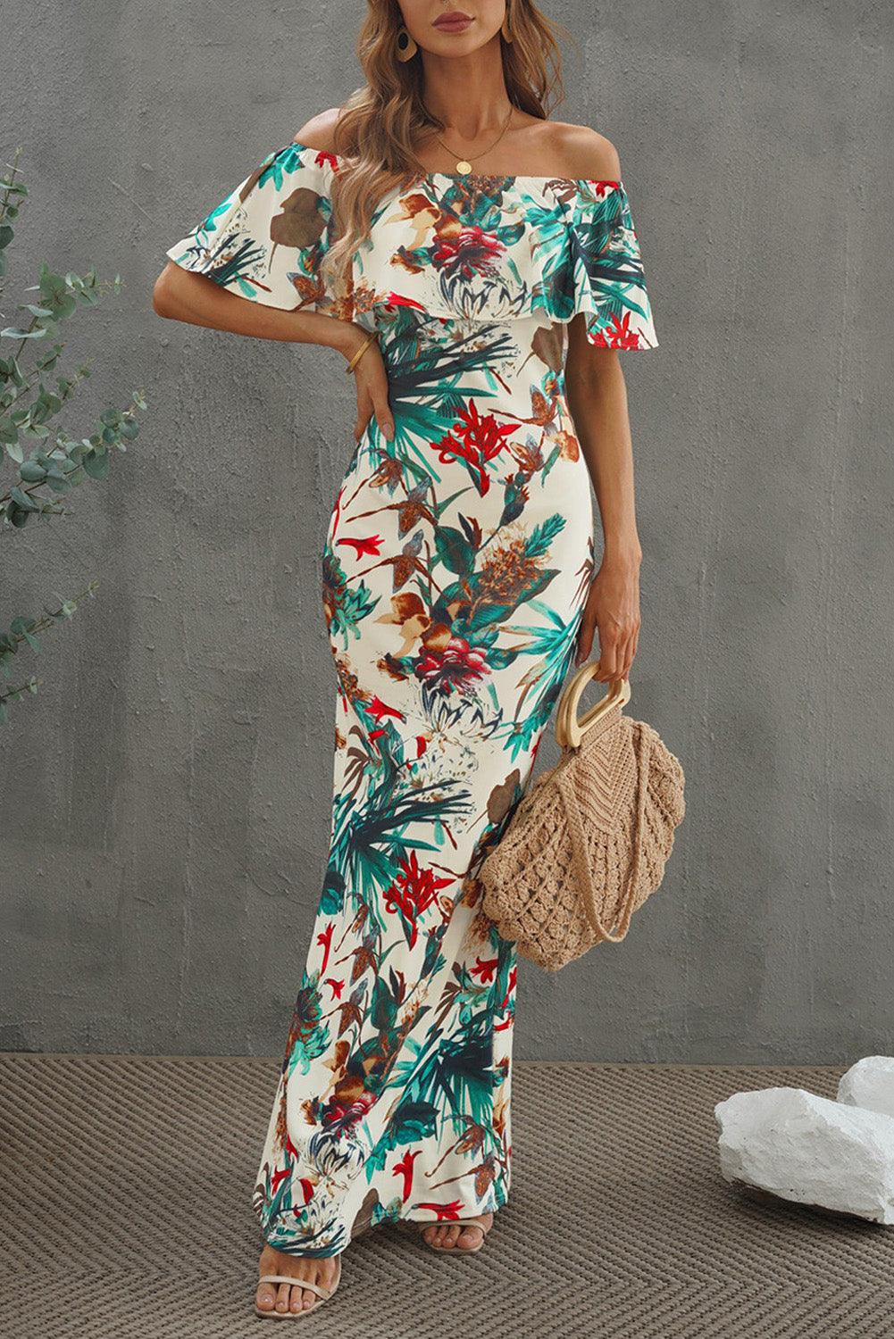 Floral Layered Off-Shoulder Maxi Dress - Lecatta