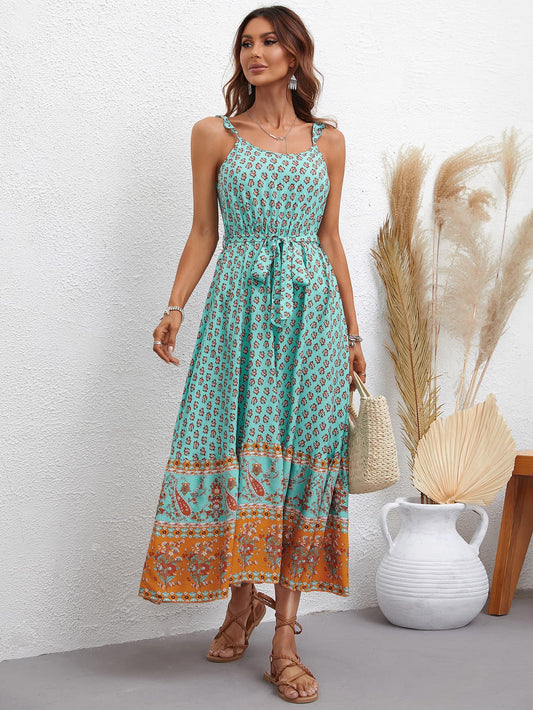 Bohemian Tie Waist Scoop Neck Dress - Lecatta