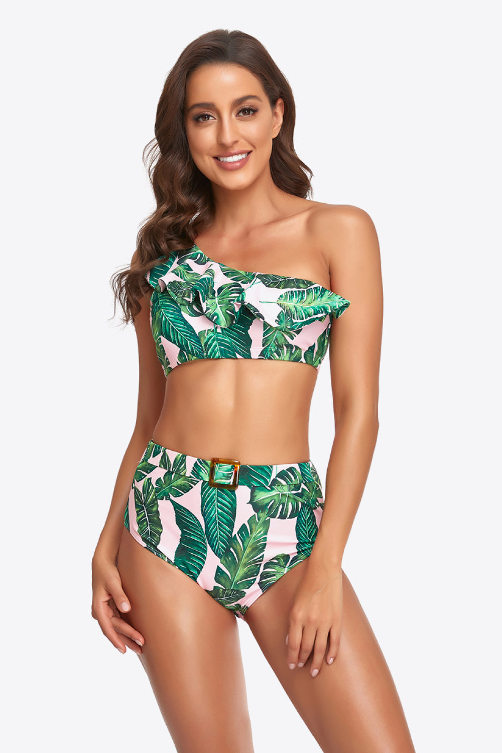 Ruffled One-Shoulder Buckled Bikini Set - Lecatta