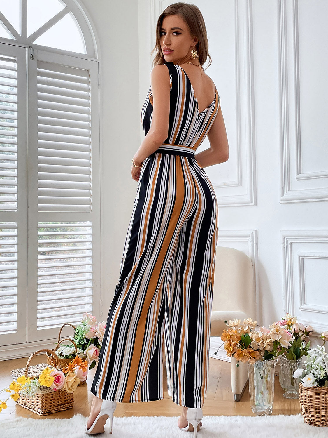 Striped Surplice Neck Sleeveless Wide Leg Jumpsuit