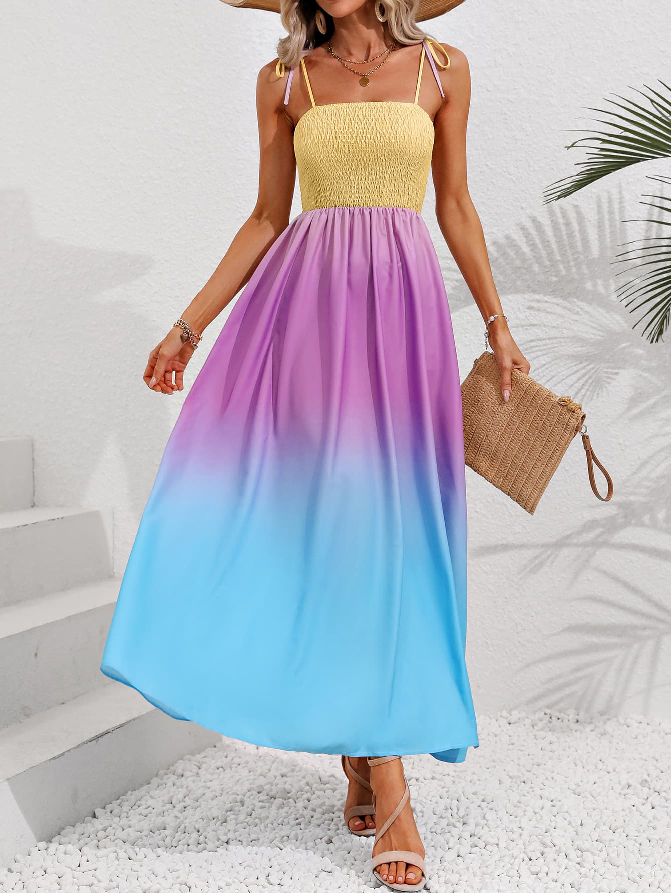 Color Block Tie Shoulder Smocked Maxi Dress - Lecatta