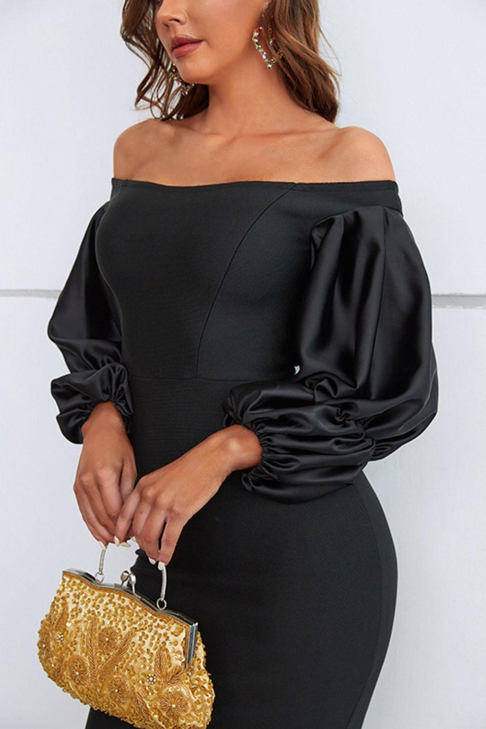 Off-Shoulder Bubble Sleeve Slit Dress - Lecatta