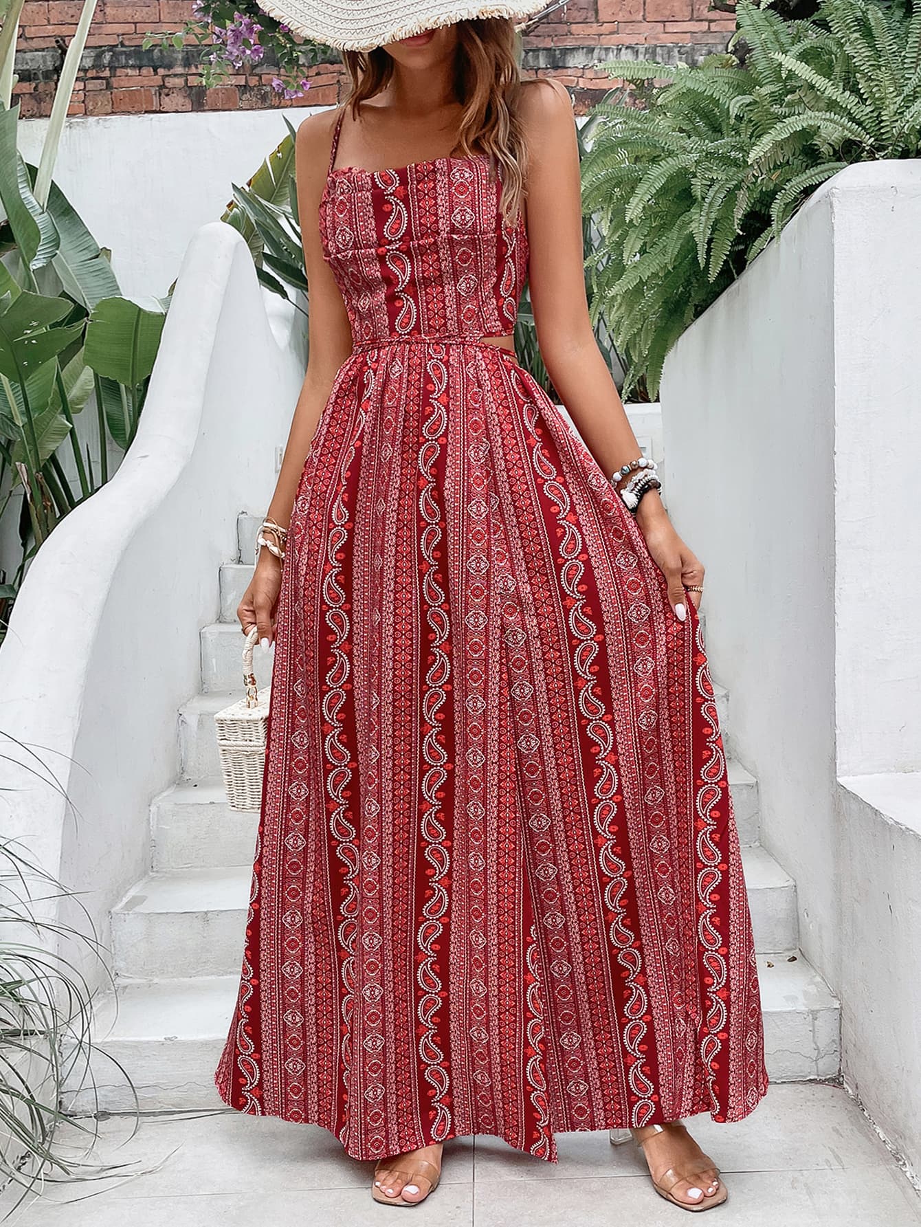 Printed Sweetheart Neck Split Maxi Dress - Lecatta