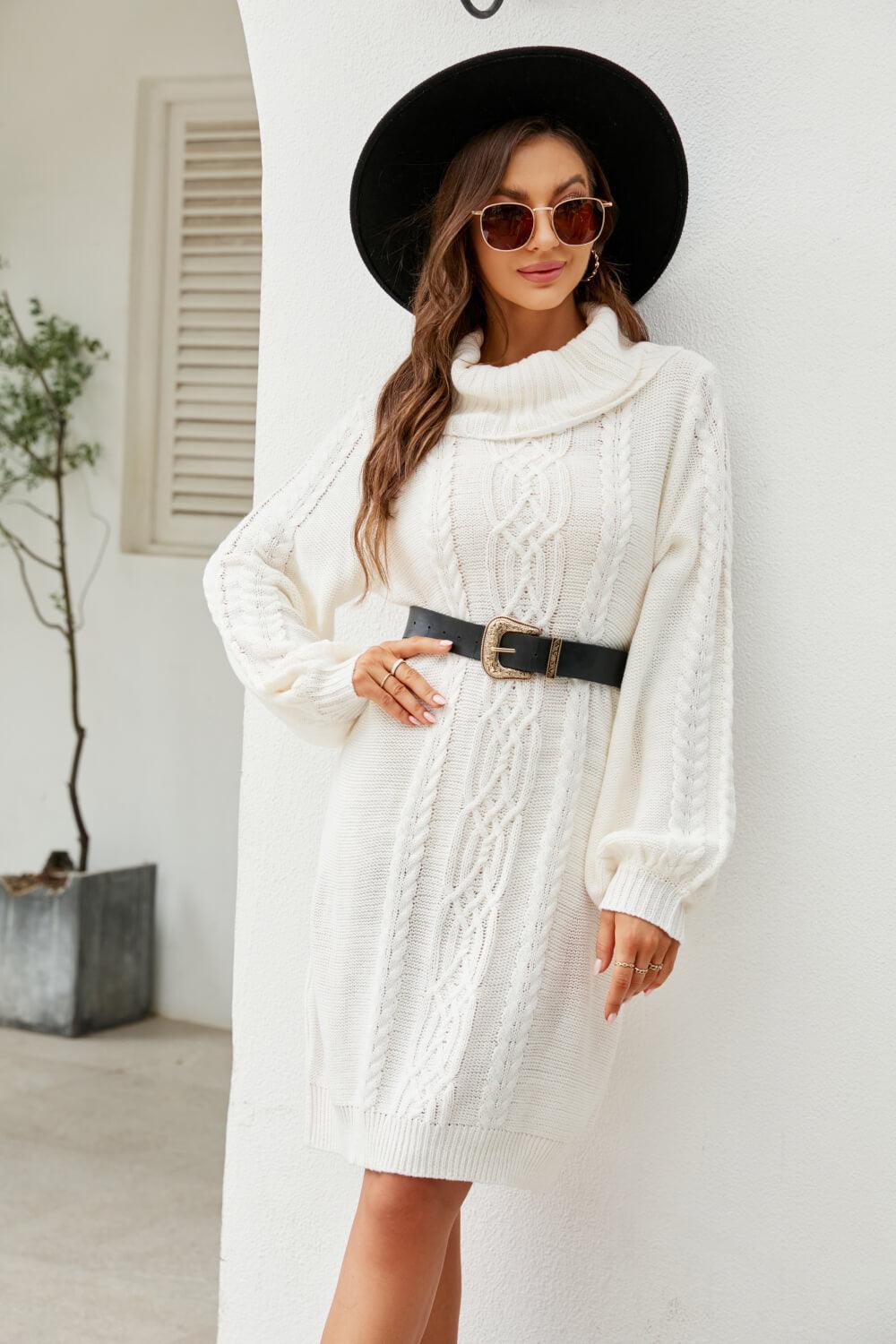 Mixed Knit Turtleneck Lantern Sleeve Sweater Dress - Lecatta