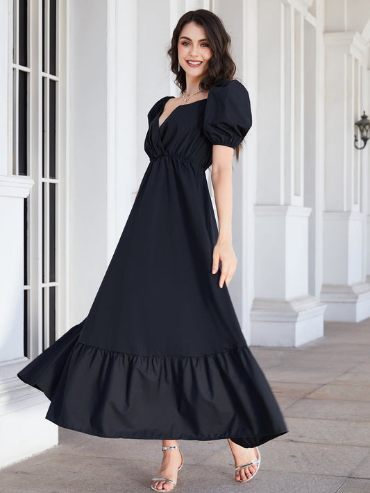 Surplice Neck Ruffle Hem Balloon Sleeve Maxi Dress - Lecatta