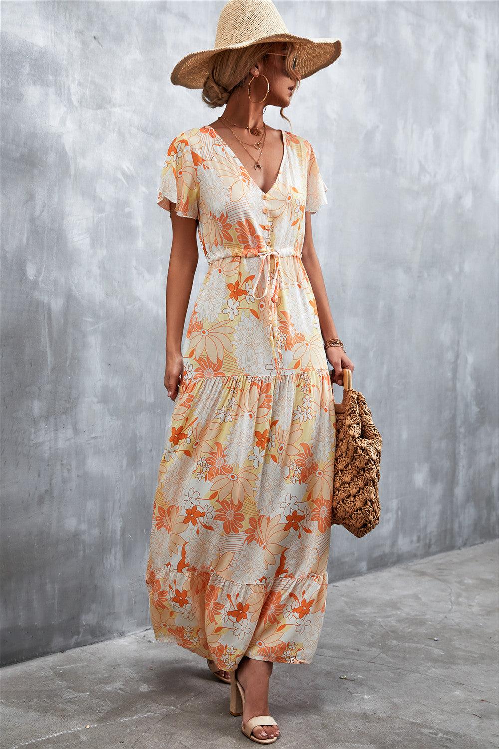 Floral Buttoned Drawstring Waist Tiered Dress - Lecatta