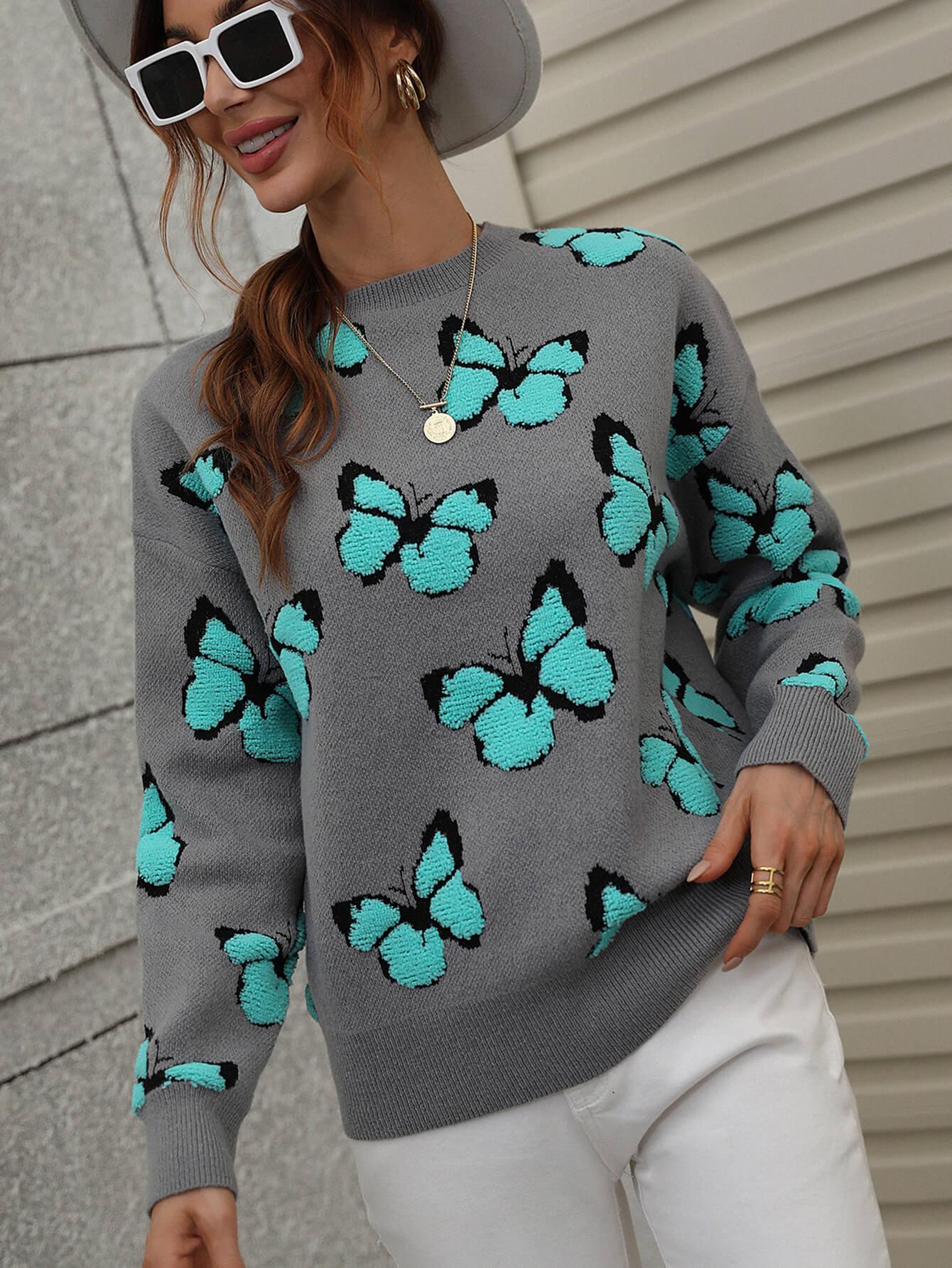 Butterfly Dropped Shoulder Crewneck Sweater - Lecatta
