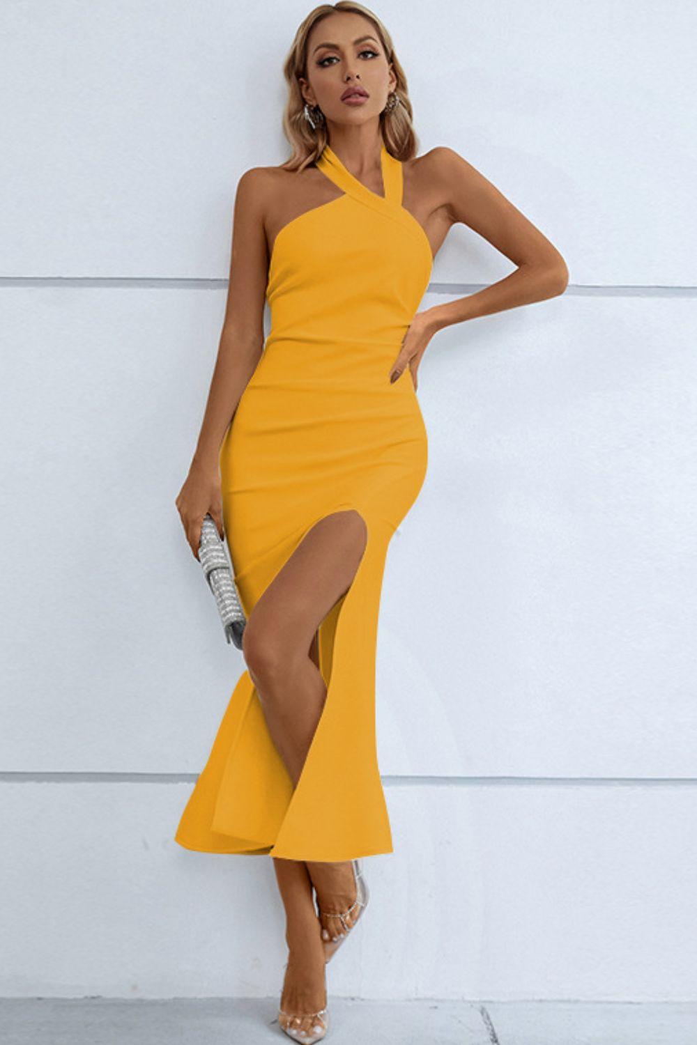 Halter Neck Split Fishtail Bodycon Dress - Lecatta