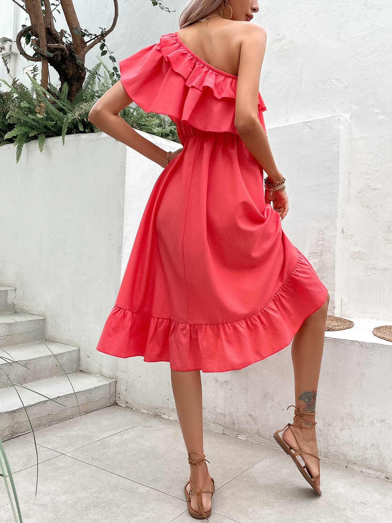 One-Shoulder Ruffle Hem Dress - Lecatta