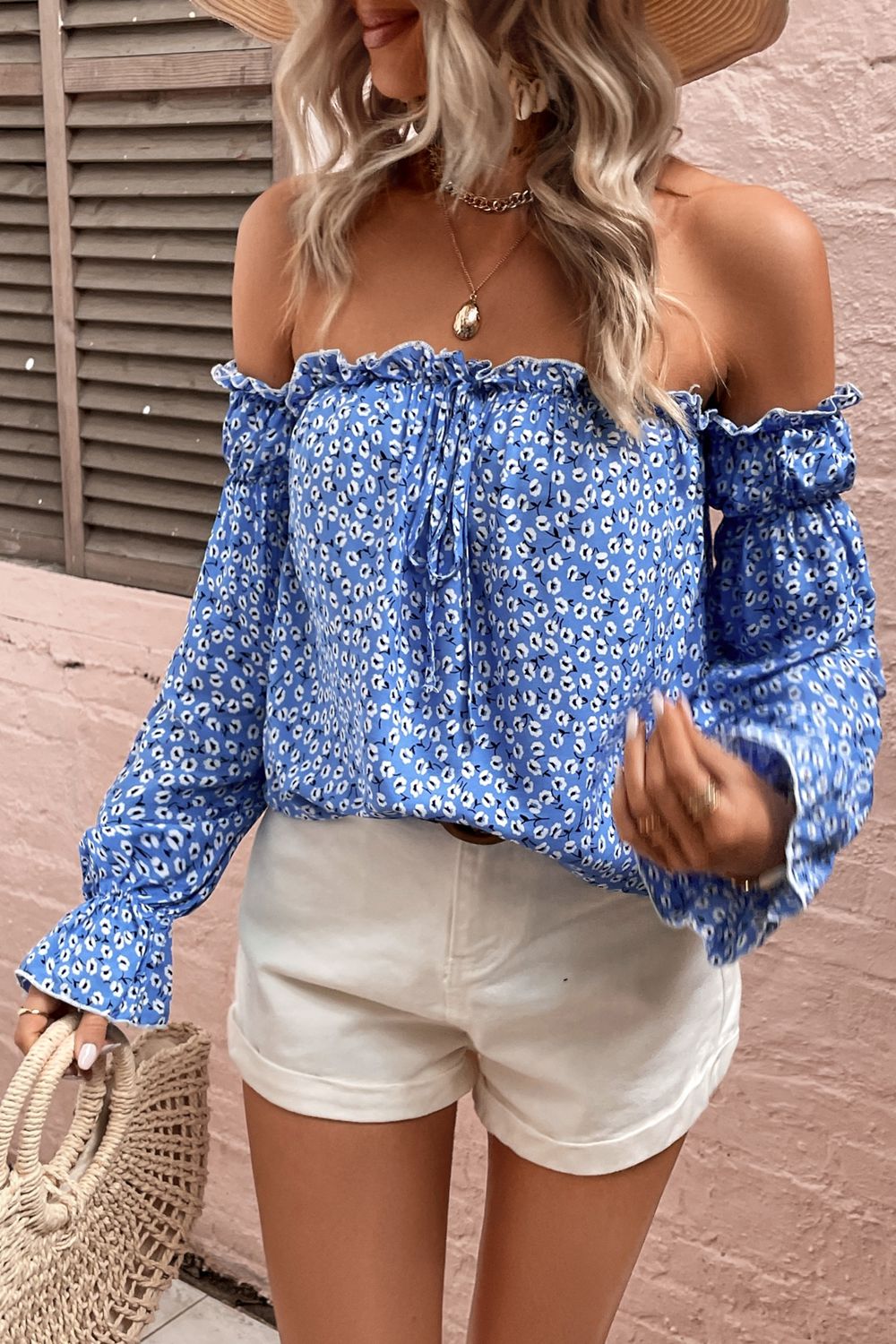 Off Shoulder Printed Frill Trim Blouse - Lecatta