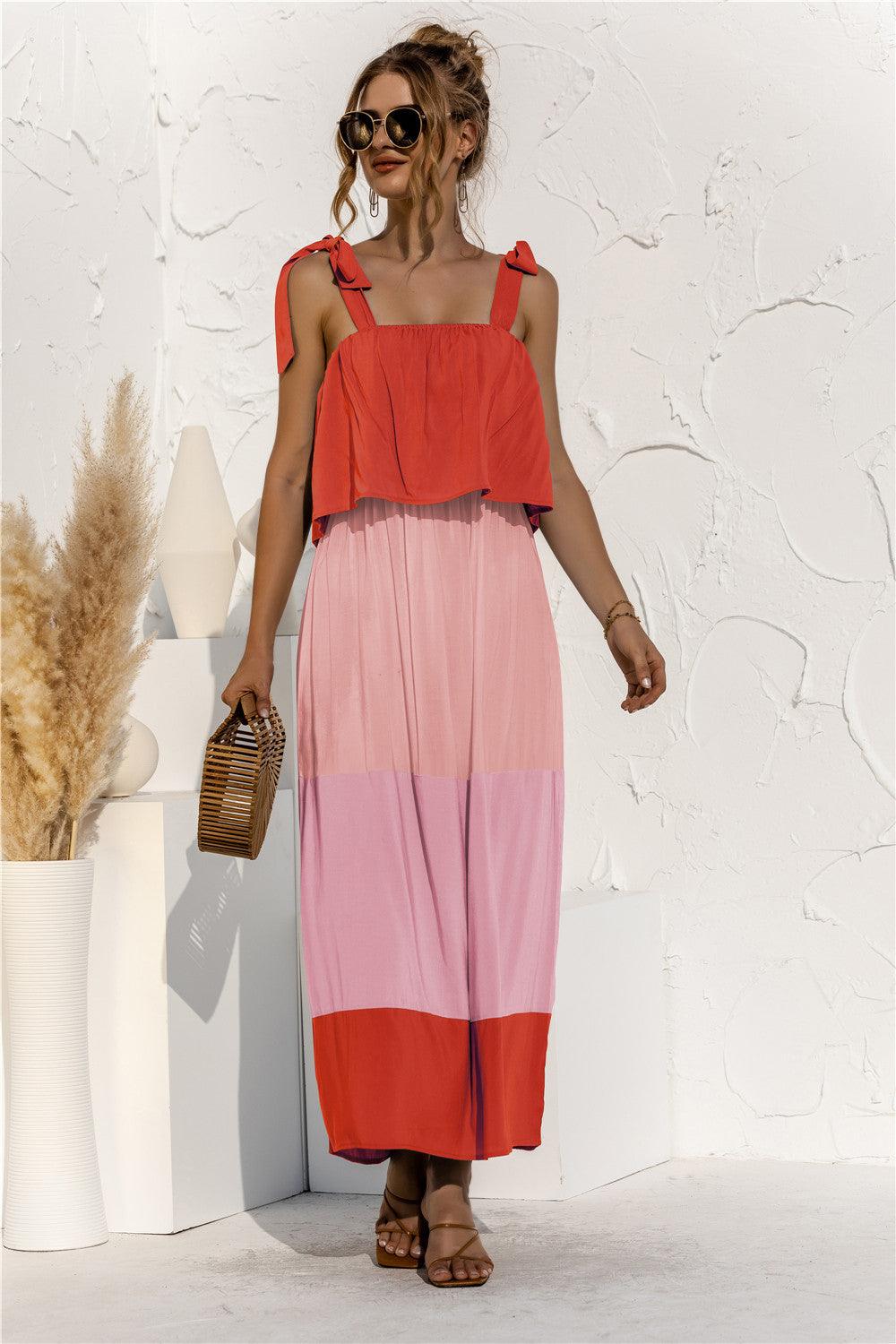 Color Block Tie Shoulder Tiered Sleeveless Dress - Lecatta