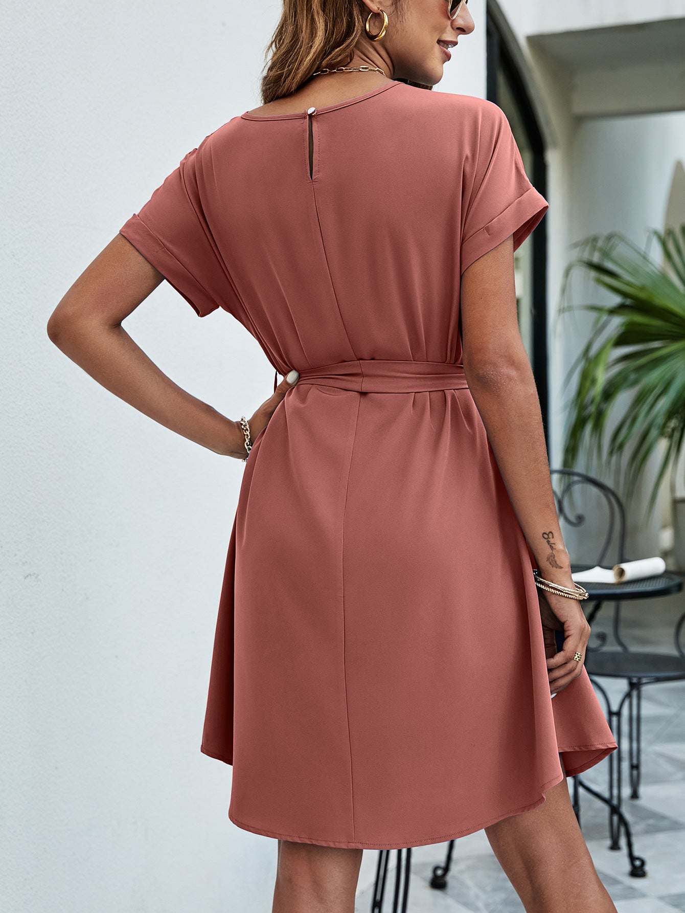 Belted Round Neck Curved Hem Dress - Lecatta