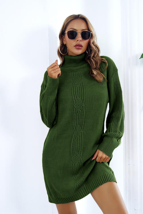 Openwork Turtleneck Long Sleeve Sweater Dress