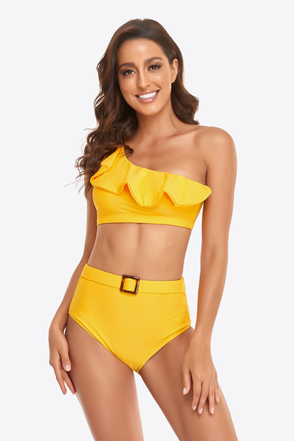 Ruffled One-Shoulder Buckled Bikini Set - Lecatta