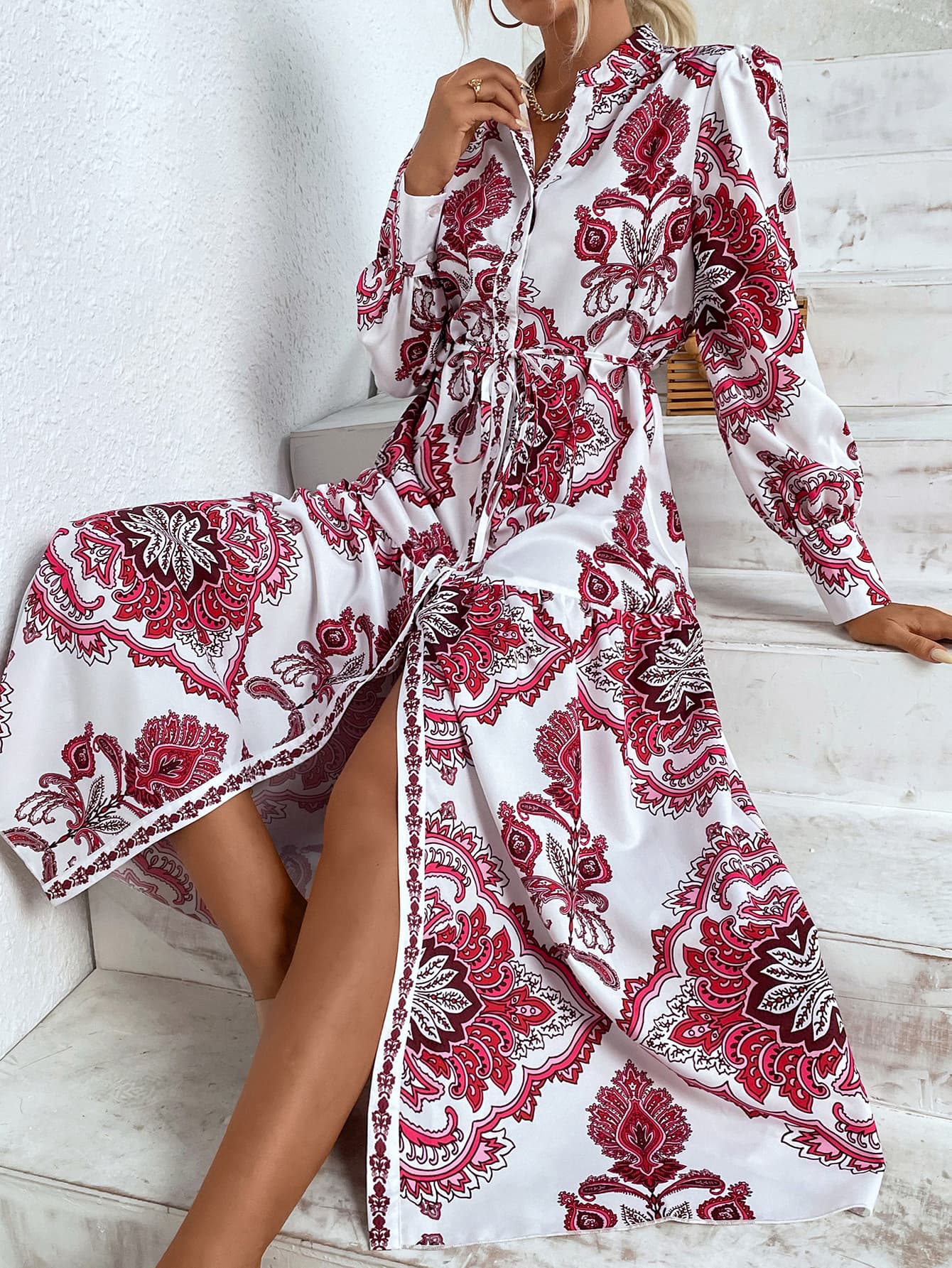 Printed Tie Waist Notched Neck Midi Dress - Lecatta