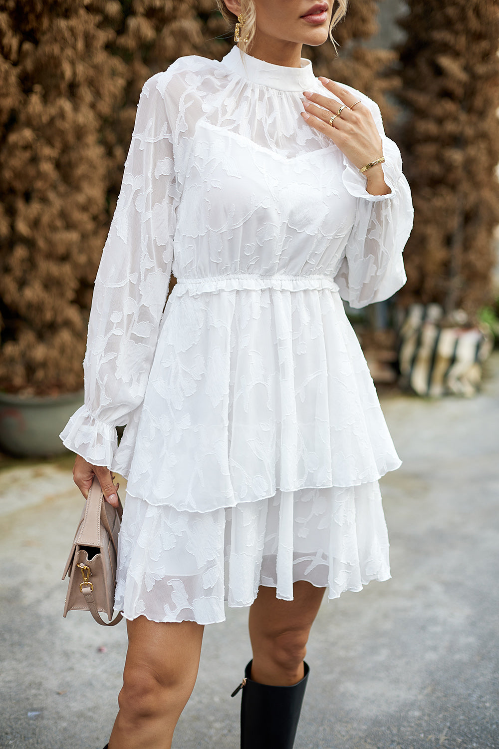 Mock Neck Flounce Sleeve Layered Dress