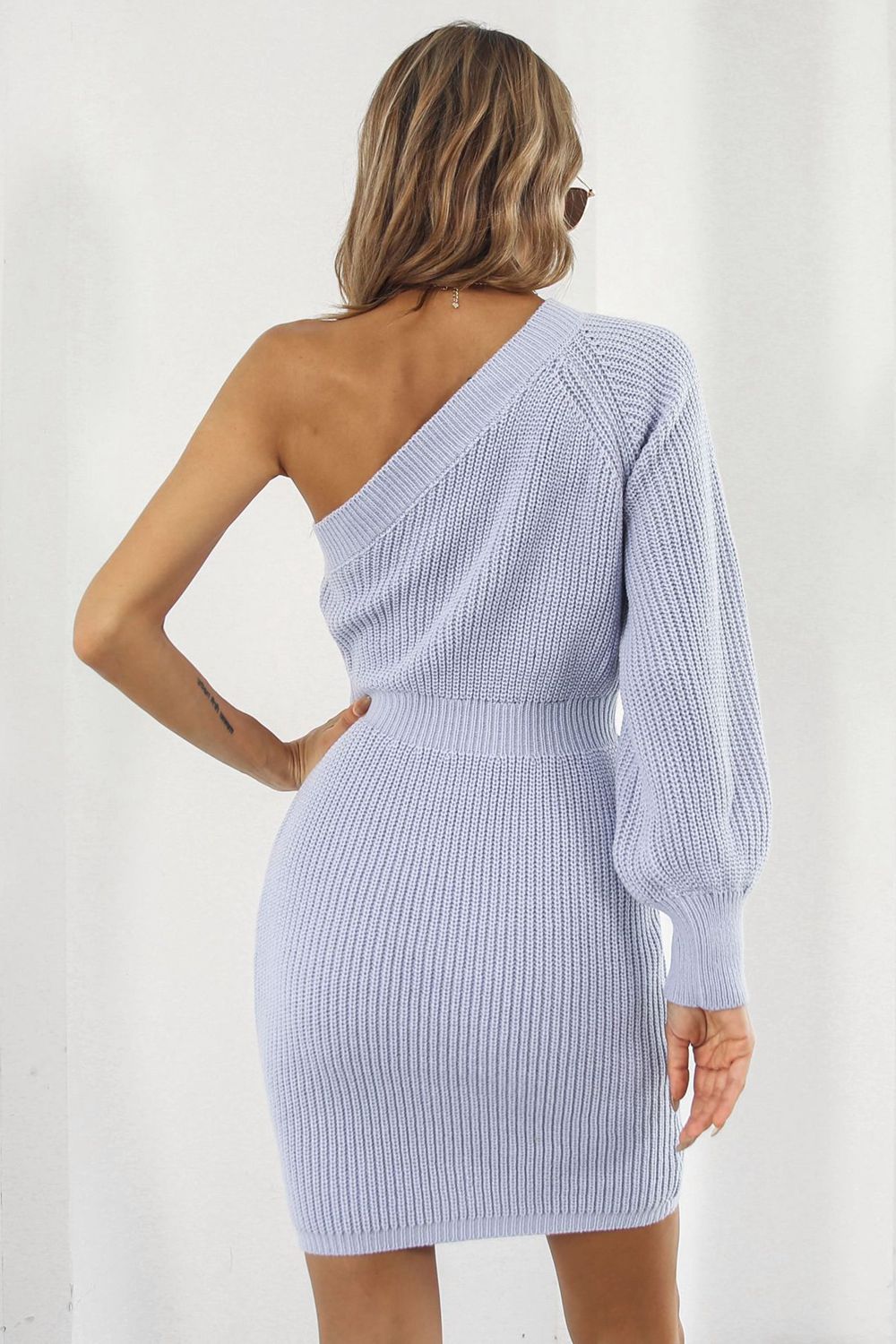 One Shoulder Raglan Sleeve Pencil Sweater Dress - Lecatta