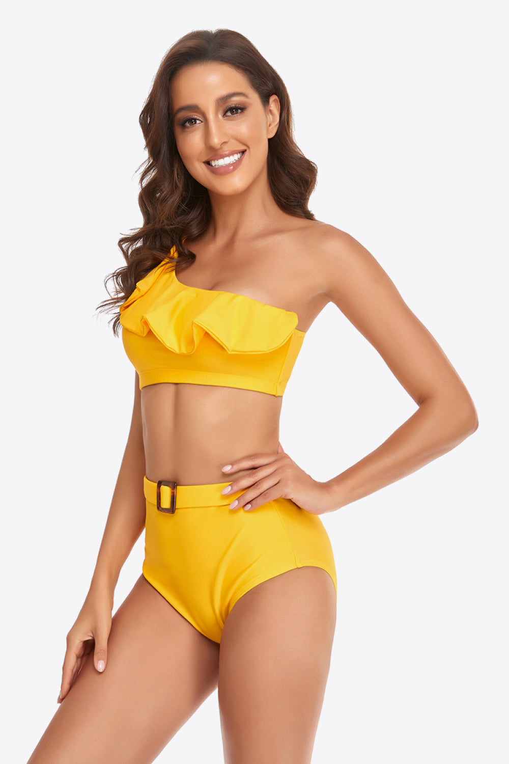 Ruffled One-Shoulder Buckled Bikini Set - Lecatta