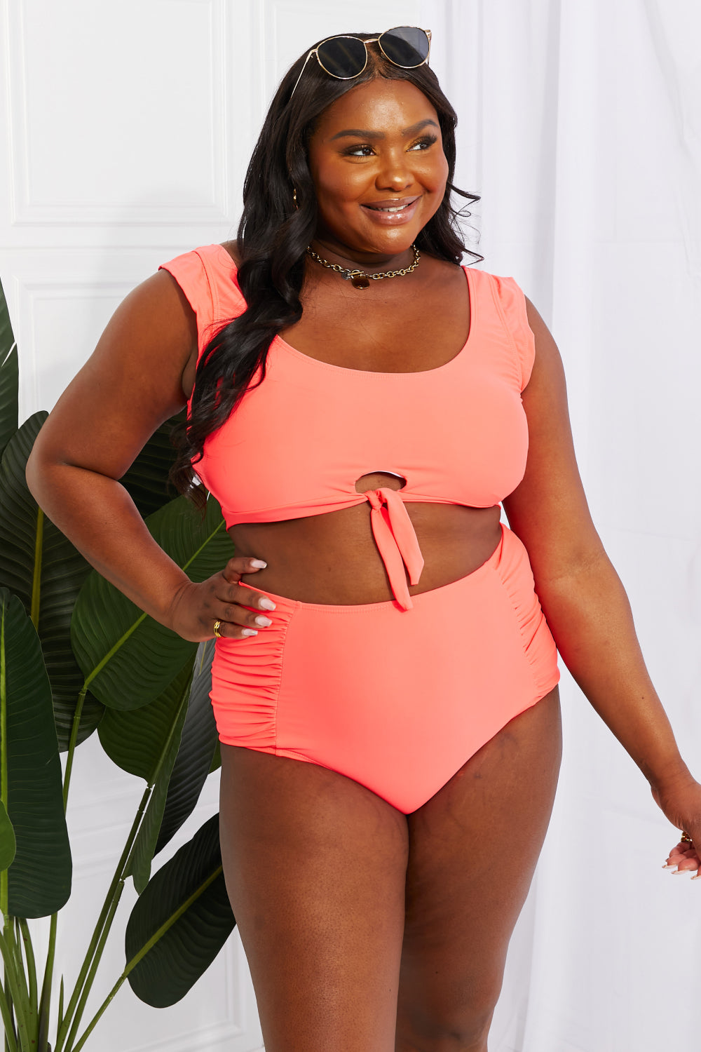 Crop Swim Top and Ruched Bottoms Set in Coral - Lecatta