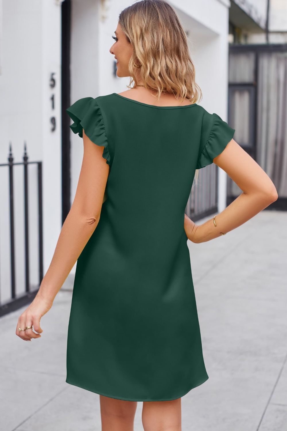 Ruffled V-Neck Flutter Sleeve Dress - Lecatta