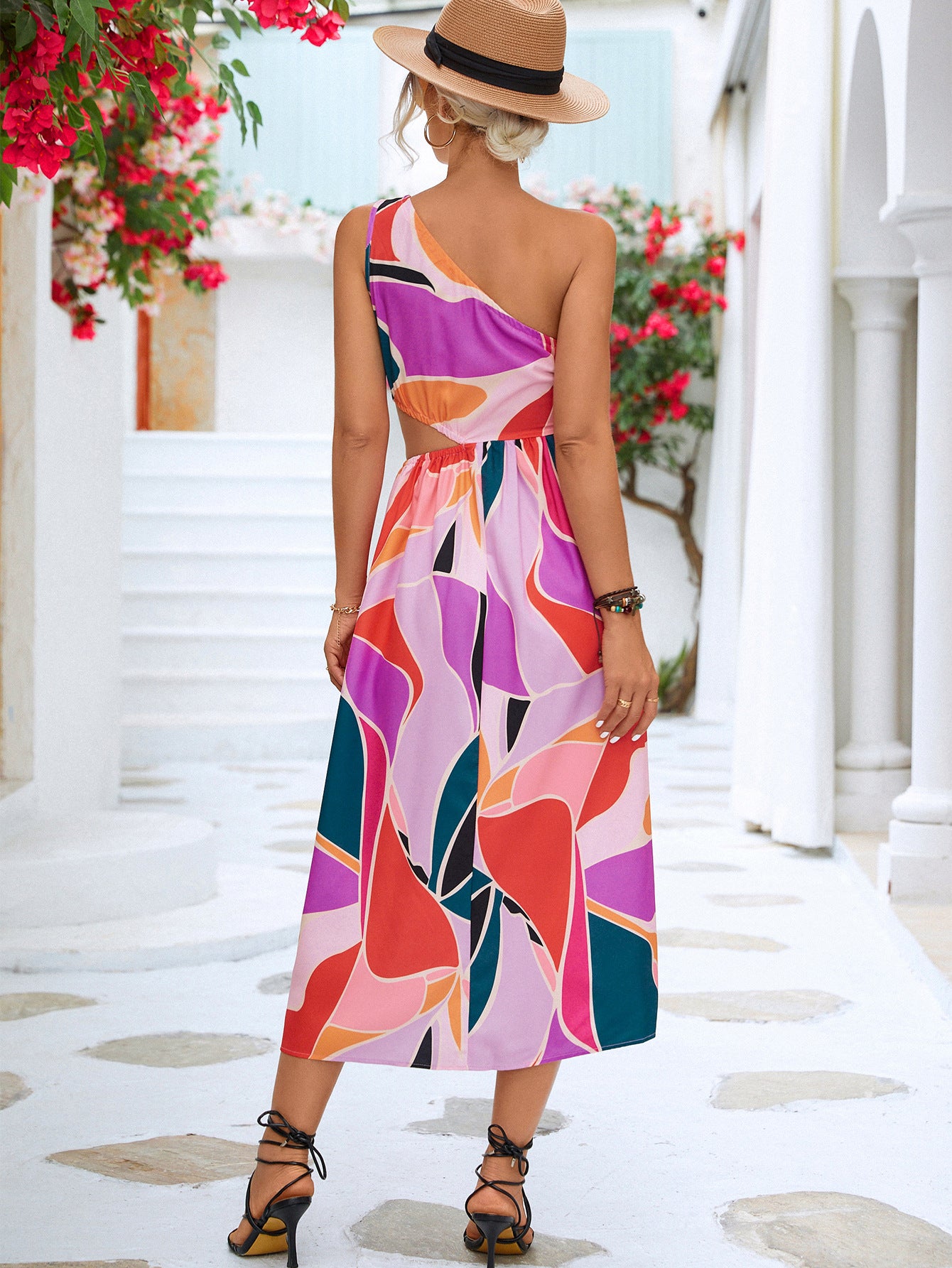 Printed Cutout One-Shoulder Sleeveless Dress - Lecatta