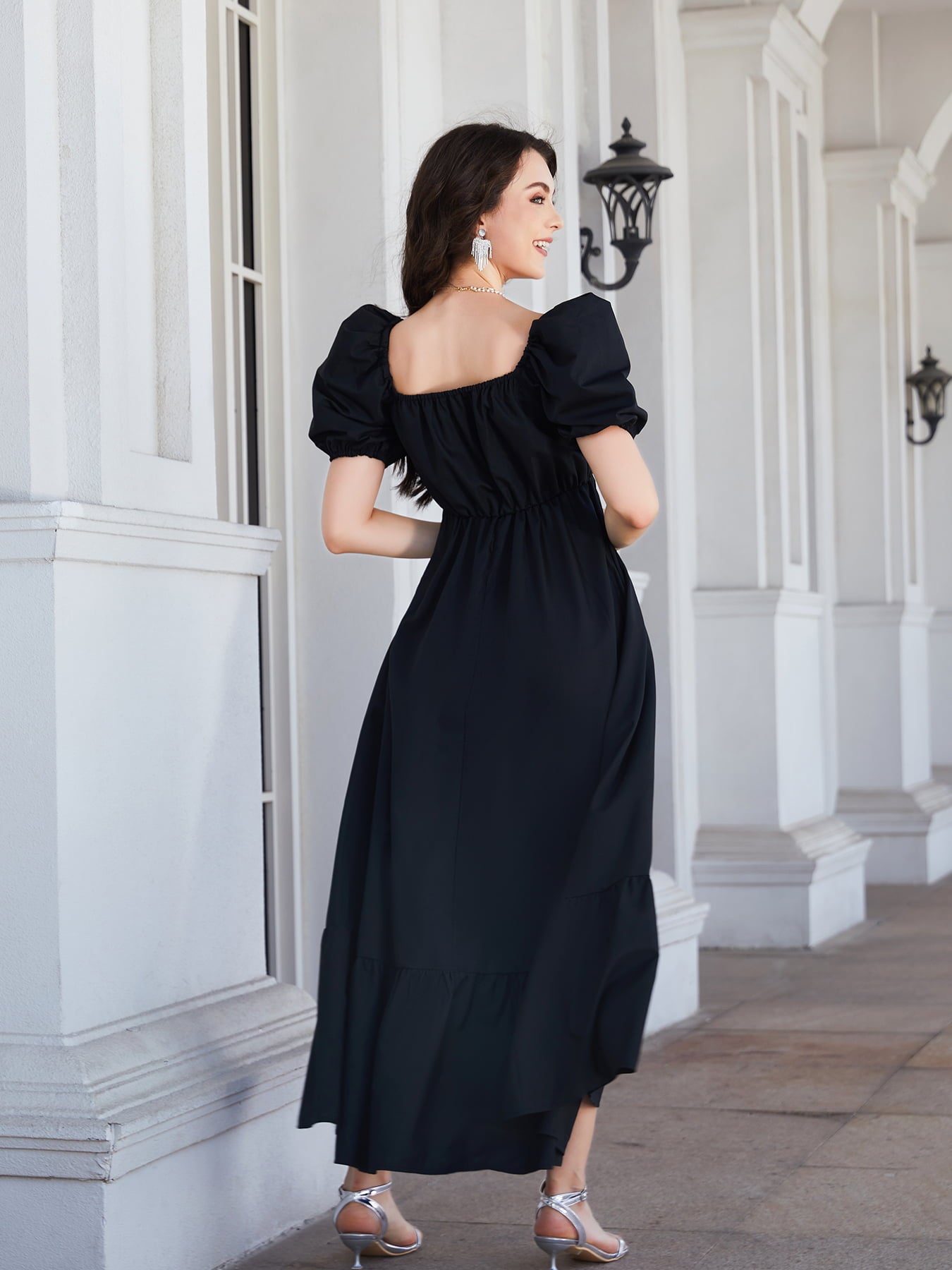 Surplice Neck Ruffle Hem Balloon Sleeve Maxi Dress - Lecatta
