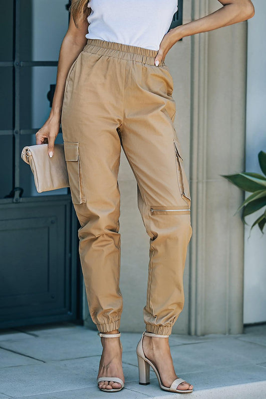 Elastic Waist Ankle-Length Cargo Joggers - Lecatta