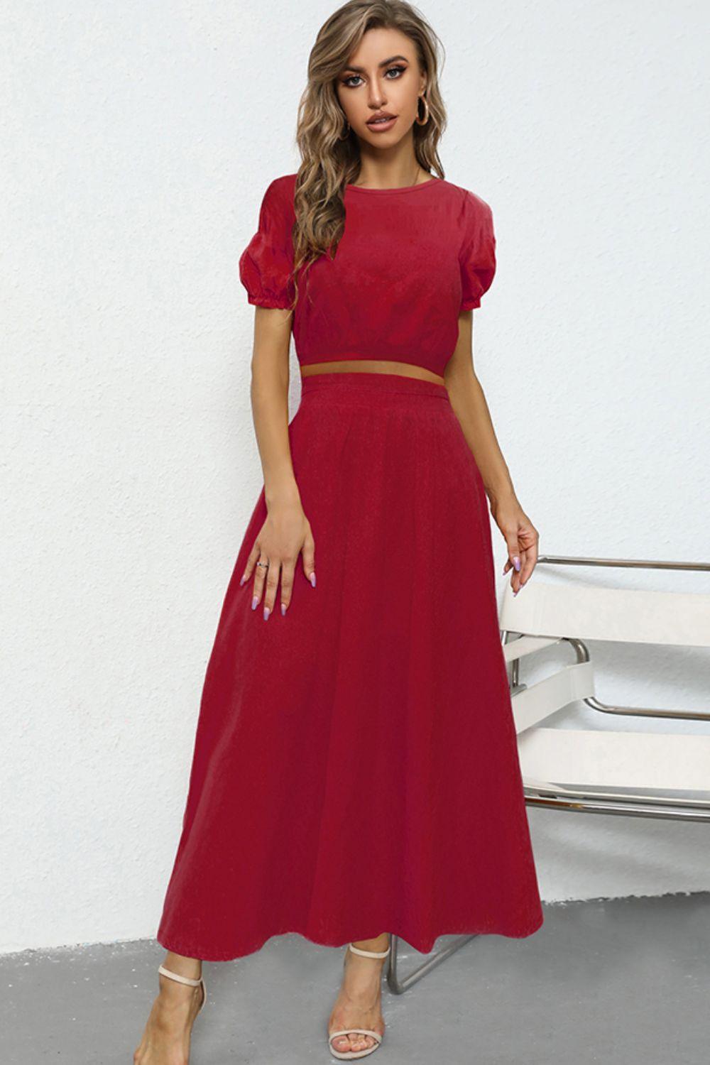 Puff Sleeve Crop Top and Maxi Skirt Set - Lecatta