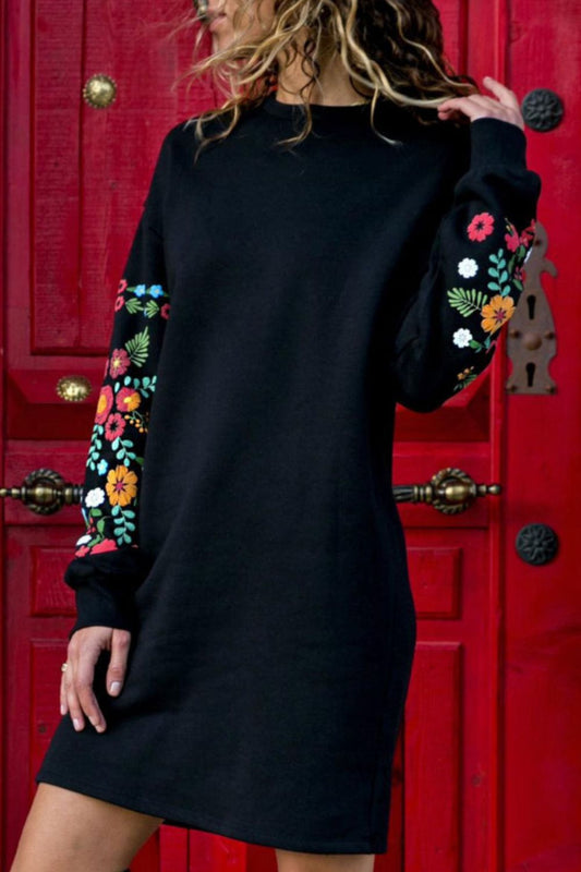 Floral Print Round Neck Long Sleeve Dress - Lecatta