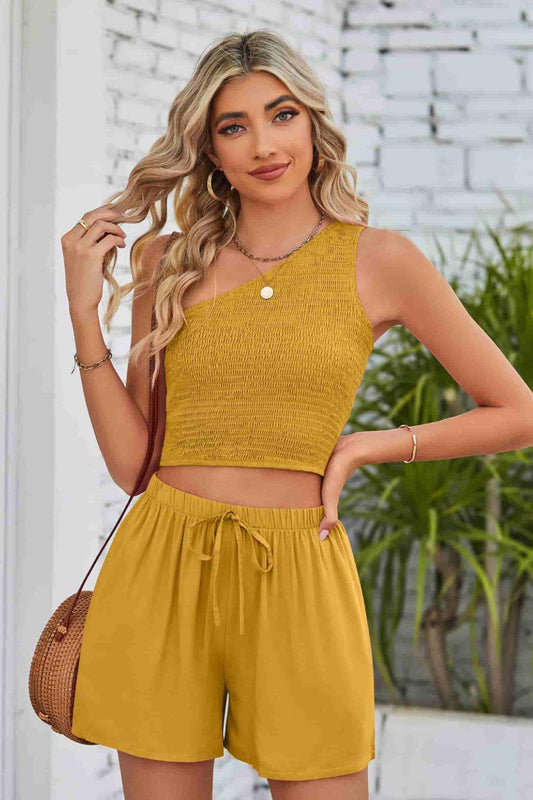 Smocked One-Shoulder Sleeveless Top and Shorts Set - Lecatta