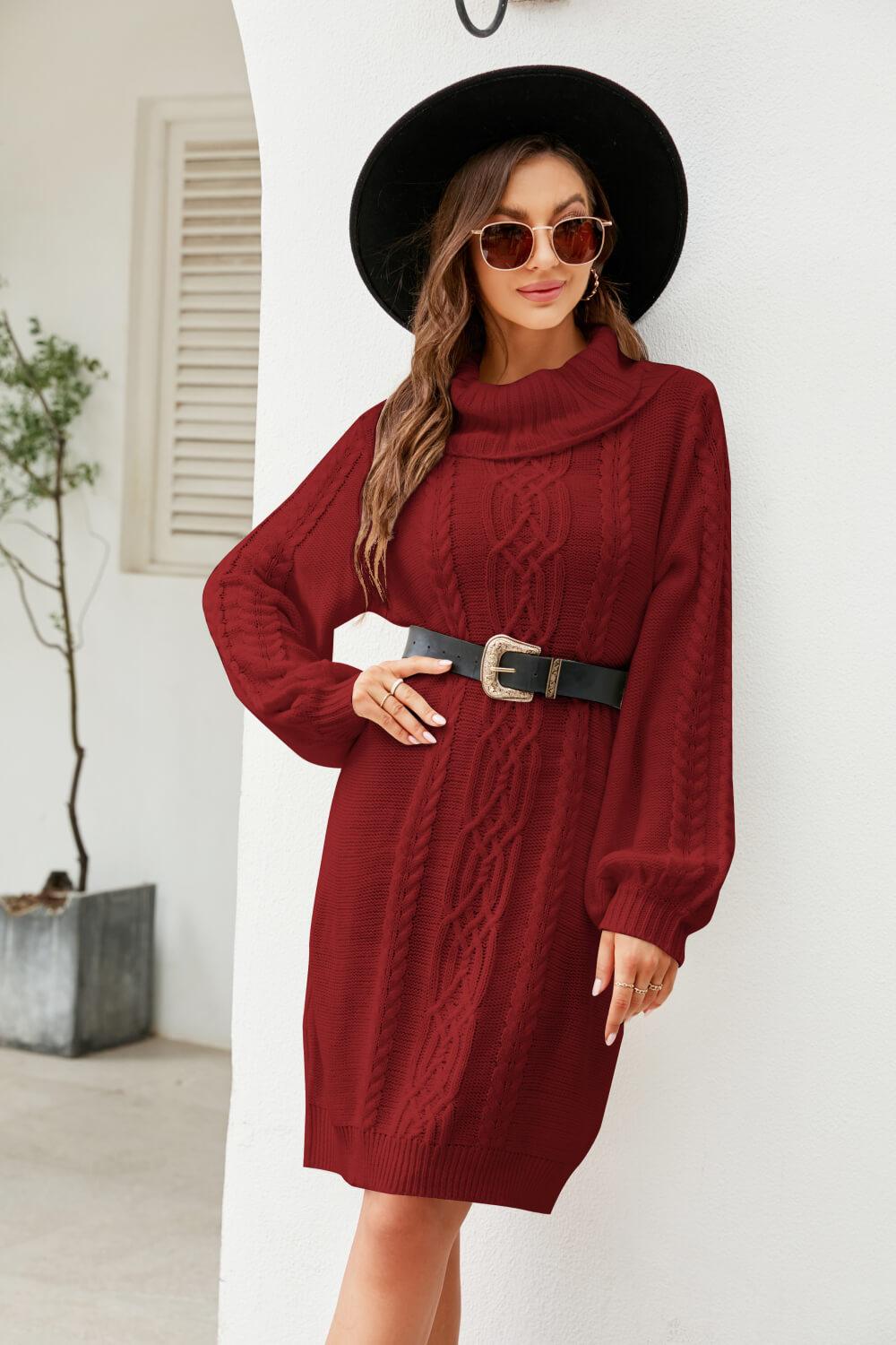 Mixed Knit Turtleneck Lantern Sleeve Sweater Dress - Lecatta